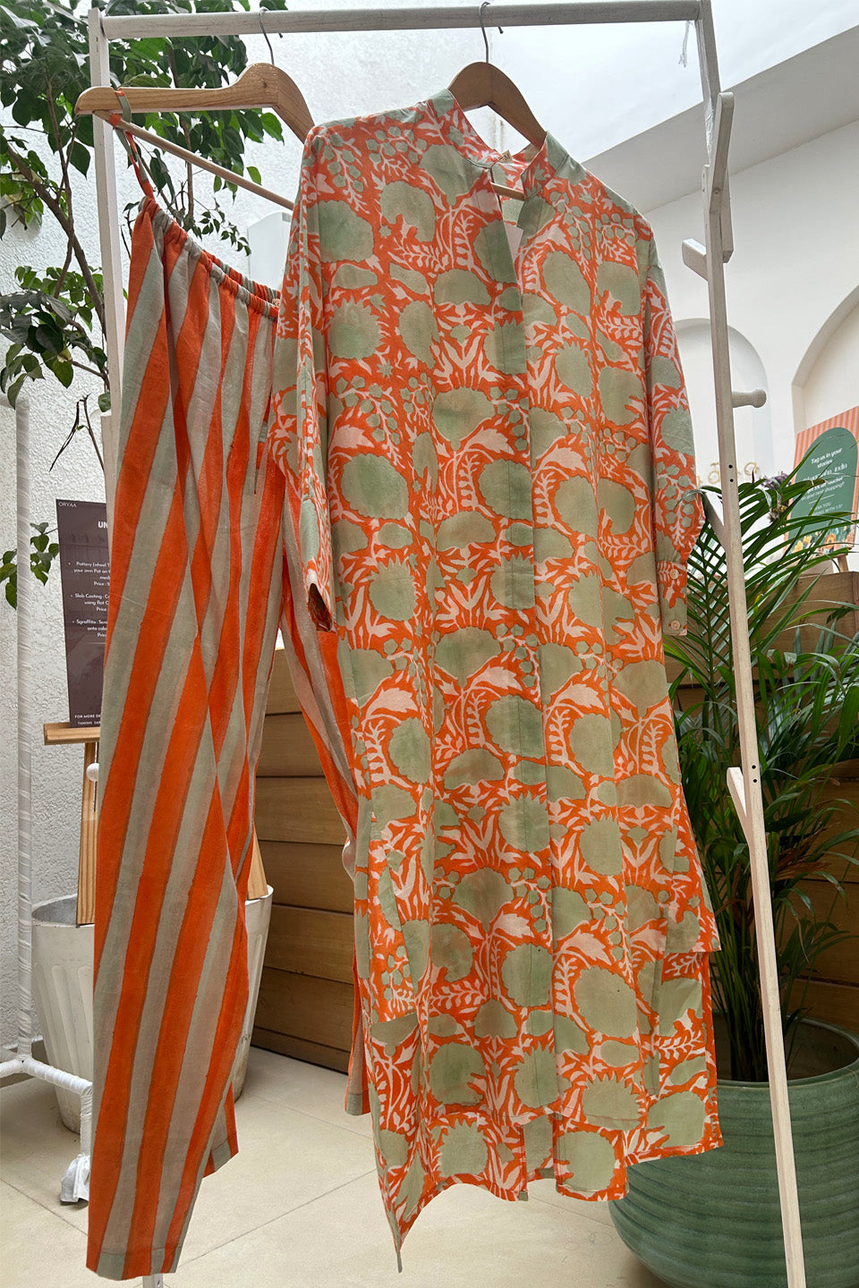 Orange Floral Cotton Tunic Co-Ord Set (Set of Two) by Kapraaha - view 7
