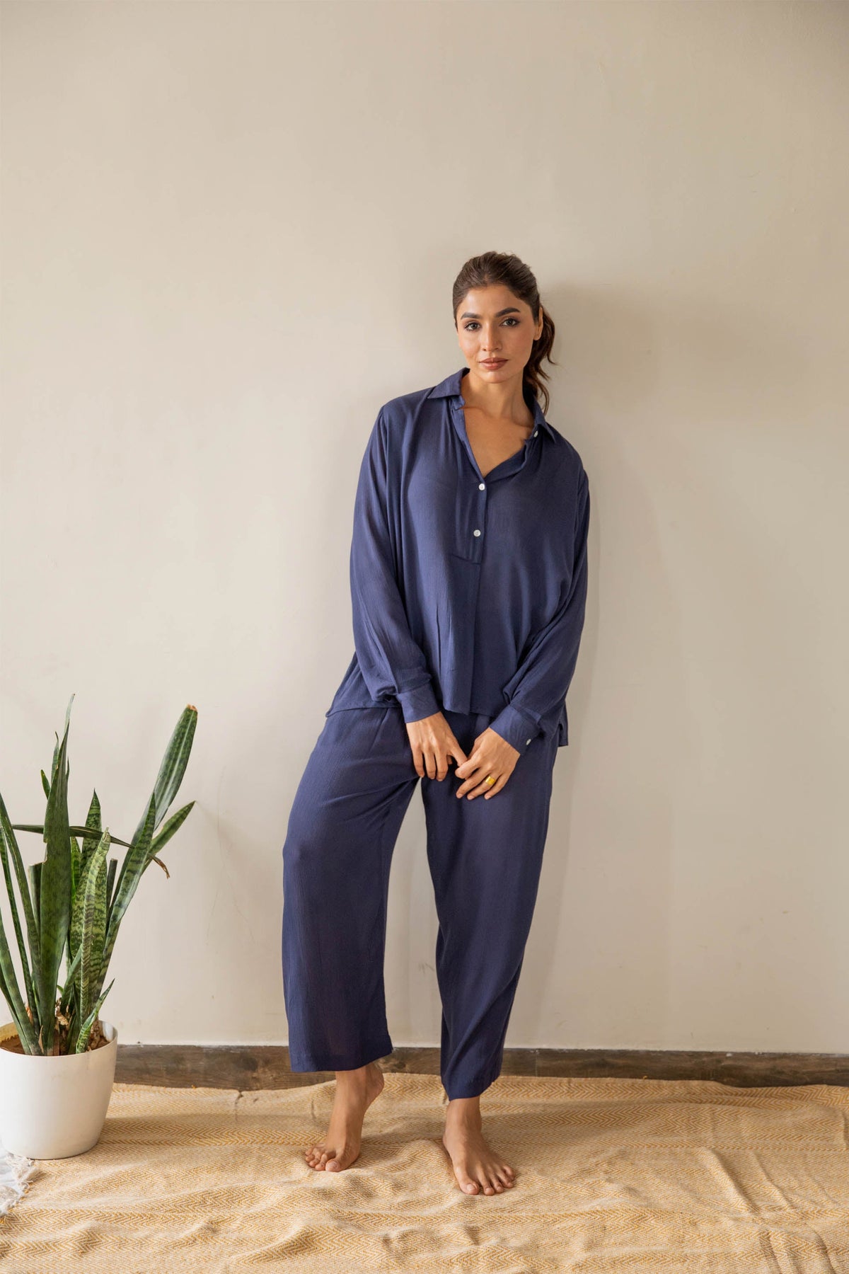 Navy Solid Co-ord Set (Set of Two) by Kapraaha - view 3