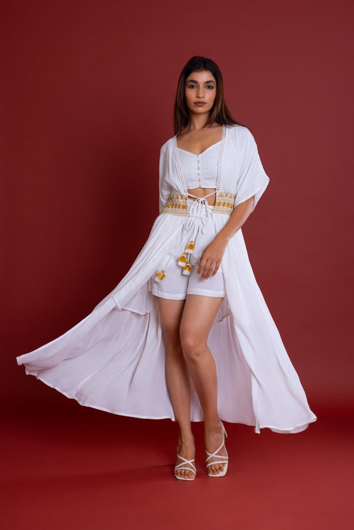 Semi Sheer Tie-Up Front Kimono — White