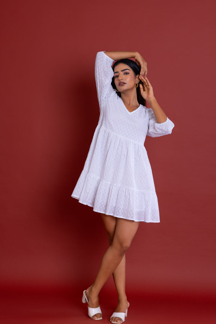 Off-white Schiffli V-neck  Dress by Label Reyya - view 4