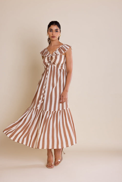 Brown Striped Cotton Maxi Dress by Label Reyya - view 1