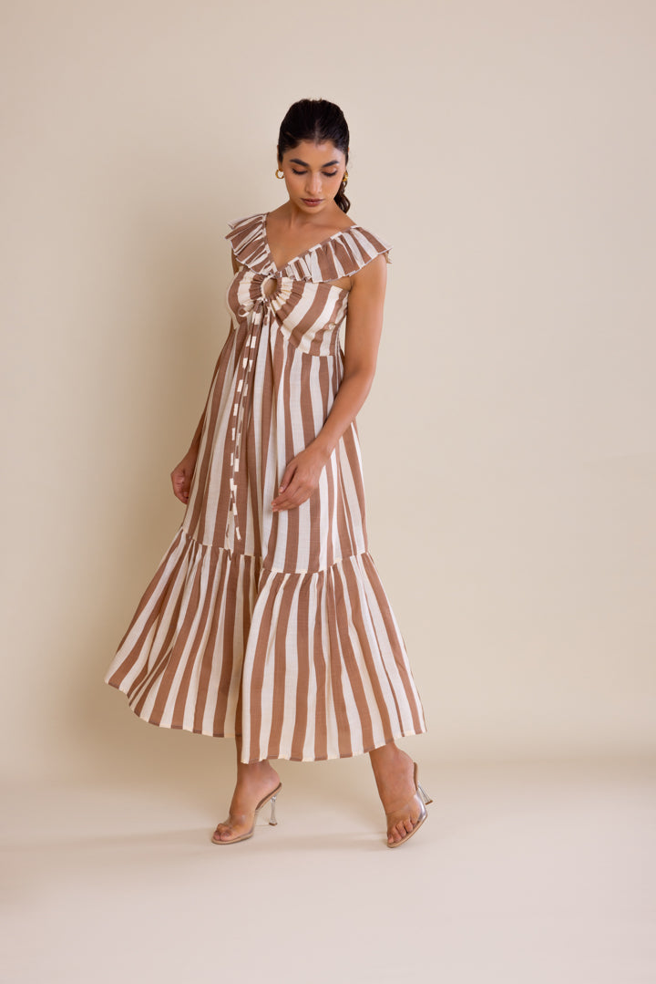 Brown Striped Cotton Maxi Dress by Label Reyya - view 5