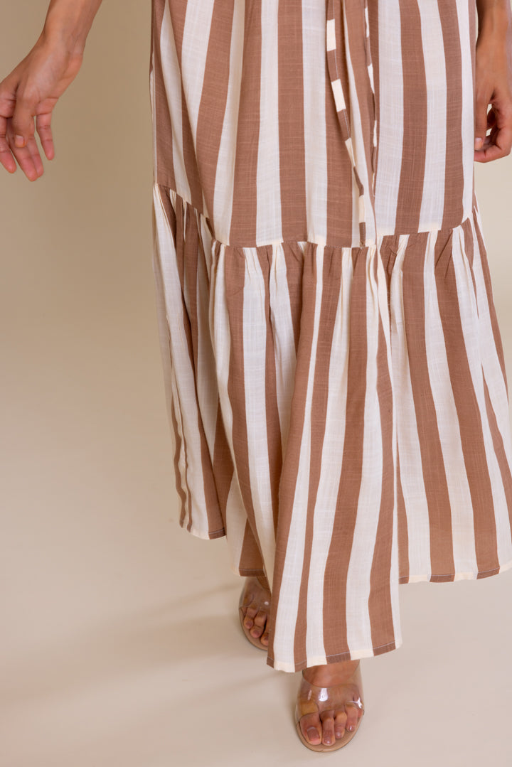 Brown Striped Cotton Maxi Dress by Label Reyya - view 6