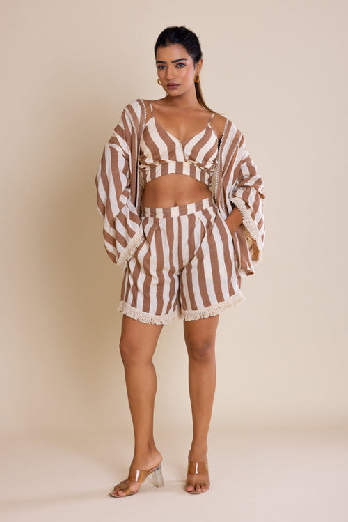 Brown Striped Short Cotton Co-ord Set by Label Reyya - view 1