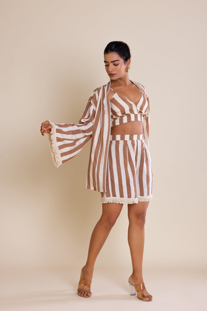 Brown Striped Short Cotton Co-ord Set by Label Reyya - view 6
