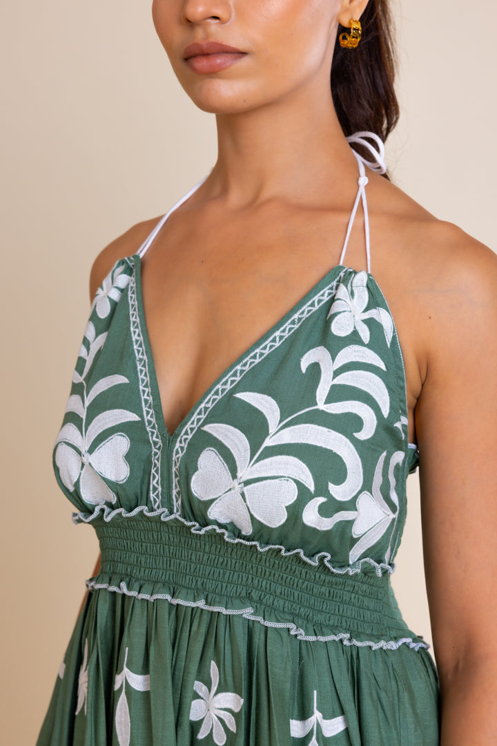 Green And White Embroidered Boho Dress by Label Reyya - view 3