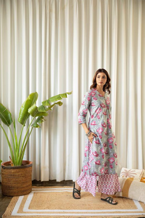 Grey and Fuchsia Floral Tunic Set (Set of Two) by Kapraaha - view 1
