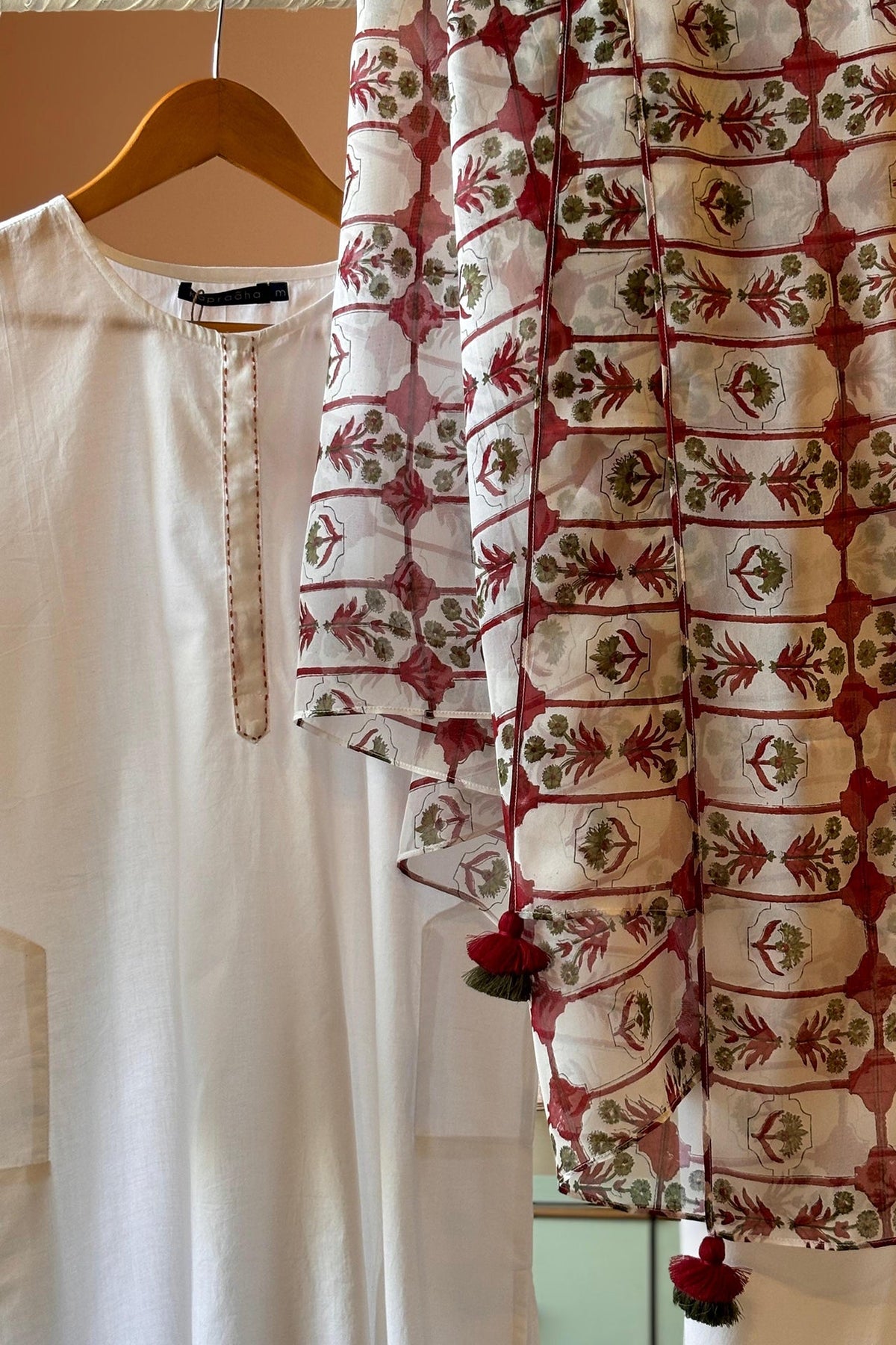 White Suit Set With Organza Printed Dupatta (Set Of Three) by Kapraaha - view 4
