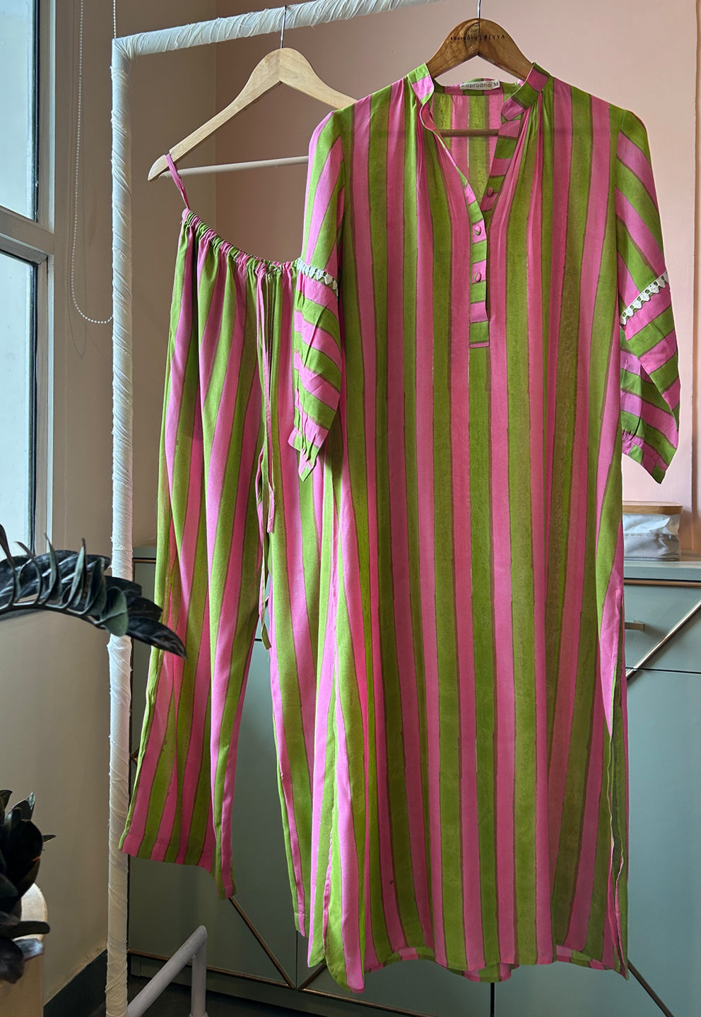 Light Green and Pink Striped Tunic Set (Set of Two) by Kapraaha - view 10