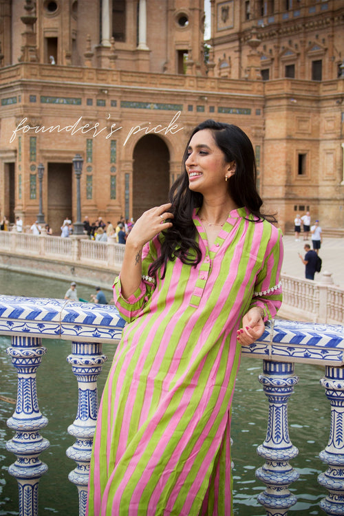 Light Green and Pink Striped Tunic Set (Set of Two) by Kapraaha - view 1