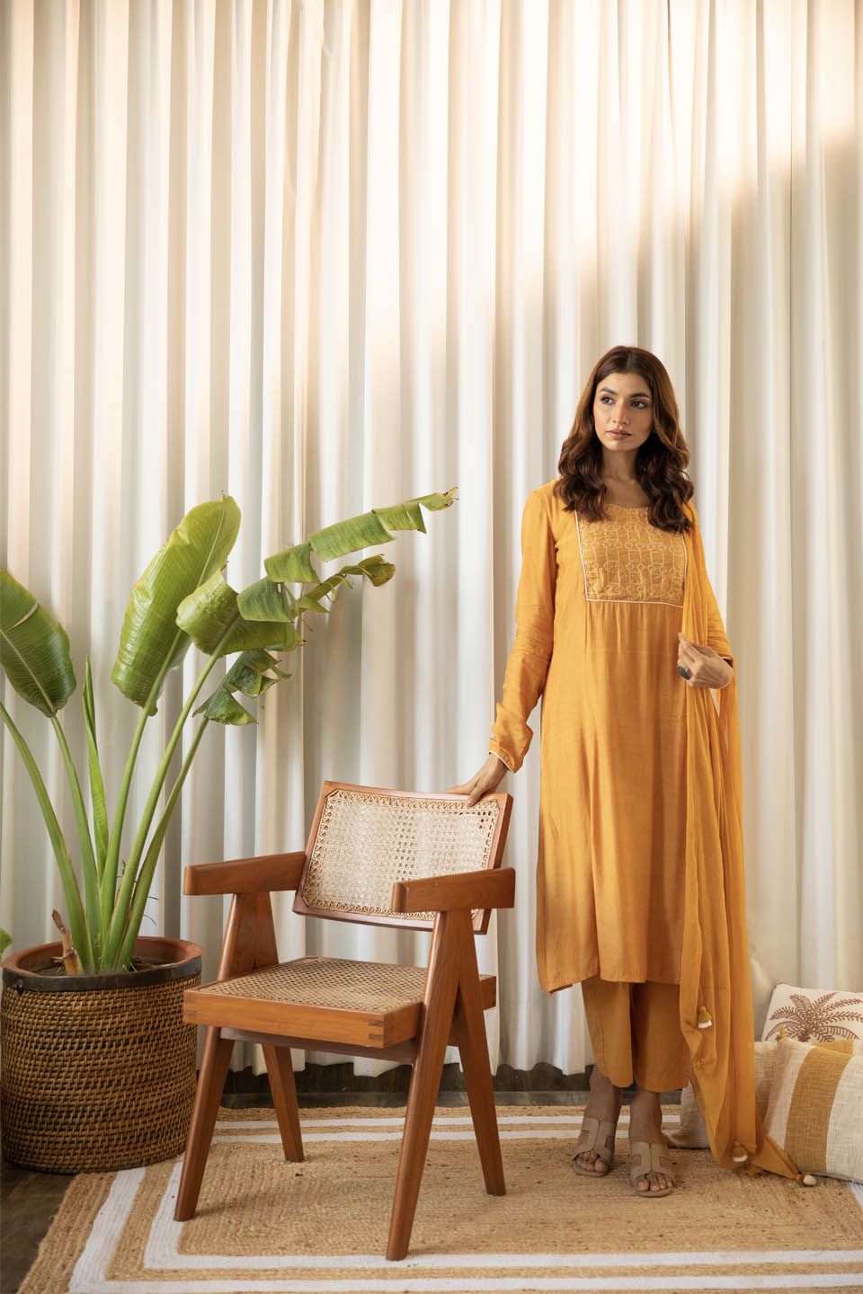 Mustard Muslin Suit (Set of Three) by Kapraaha - view 3