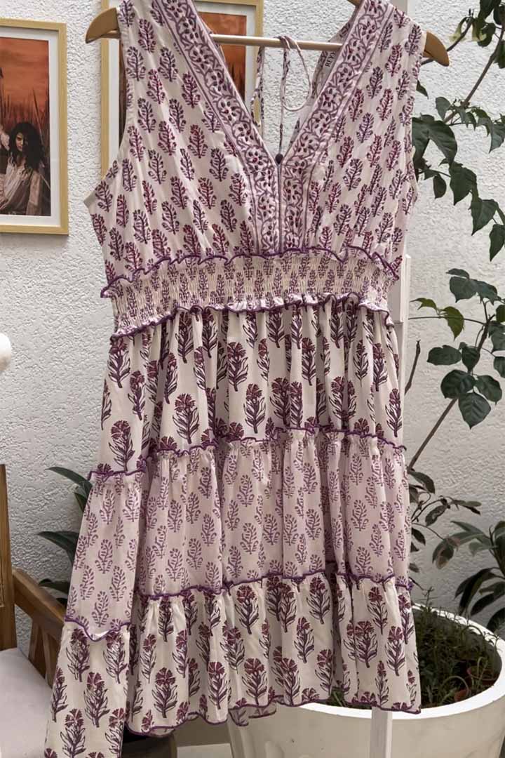 V-neck Block Print Short Dress — Purple