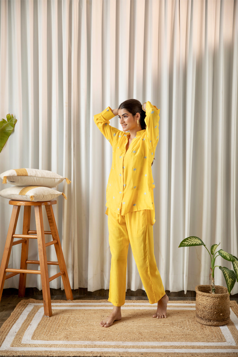 Yellow Embroidered Co-ord Set (Set of Two) by Kapraaha - view 8