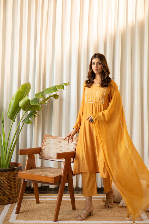 Mustard Muslin Suit (Set of Three) by Kapraaha - view 1