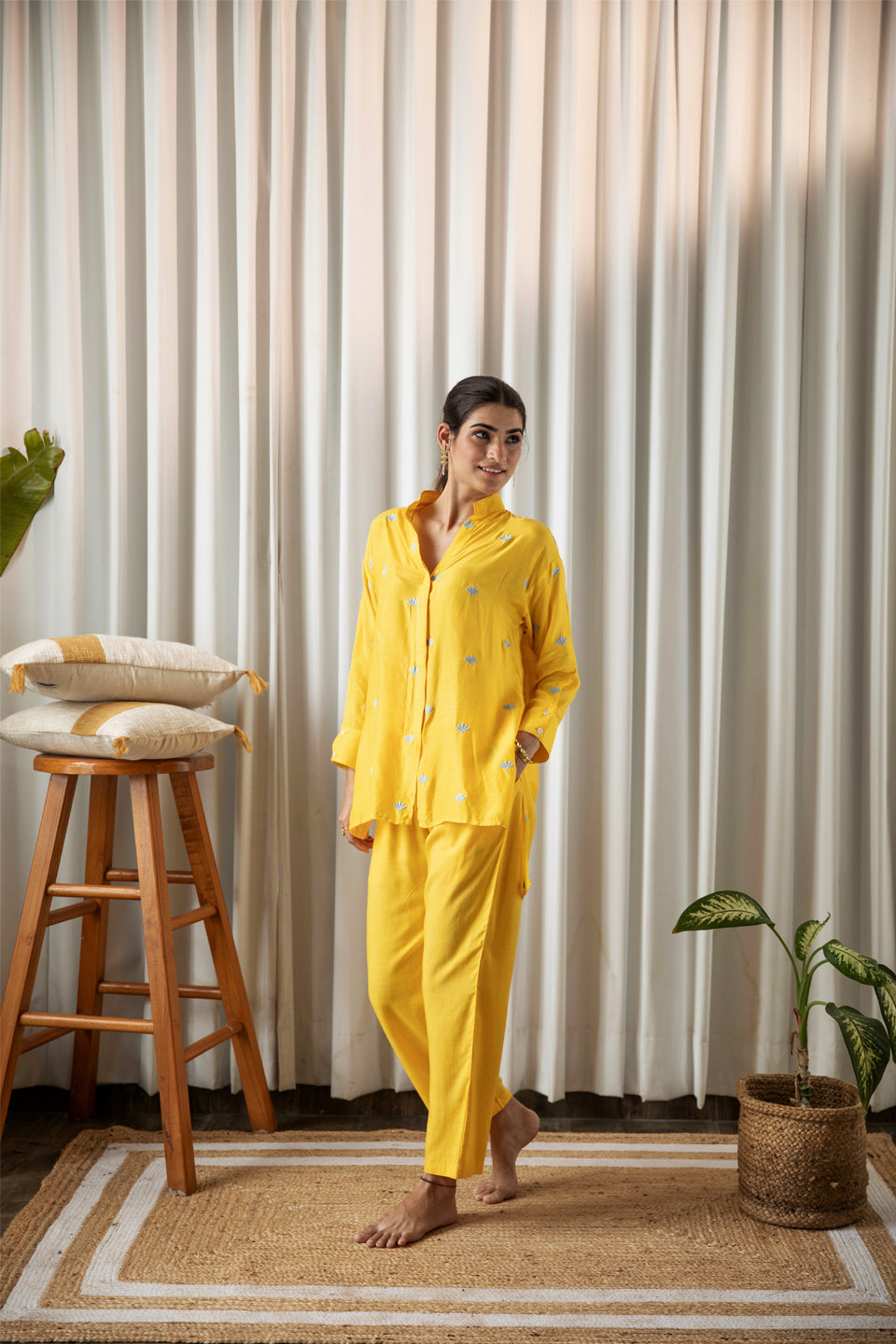 Yellow Embroidered Co-ord Set (Set of Two) by Kapraaha - view 12