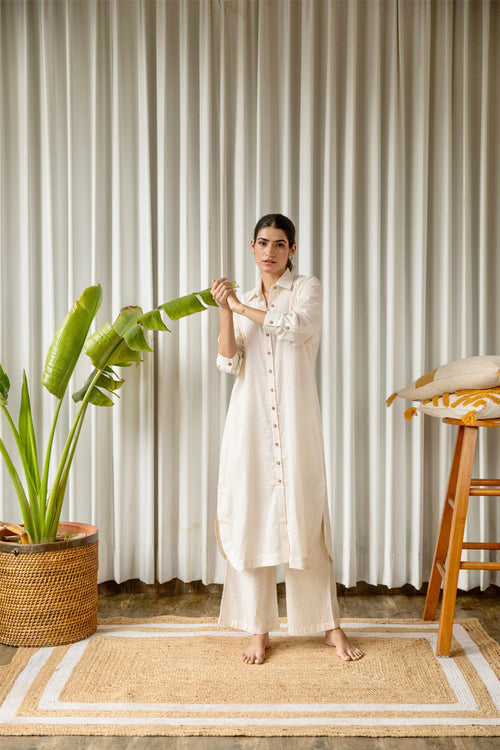 Off-White Cotton Weaved Co-ord Set (Set of Two) by Kapraaha - view 1
