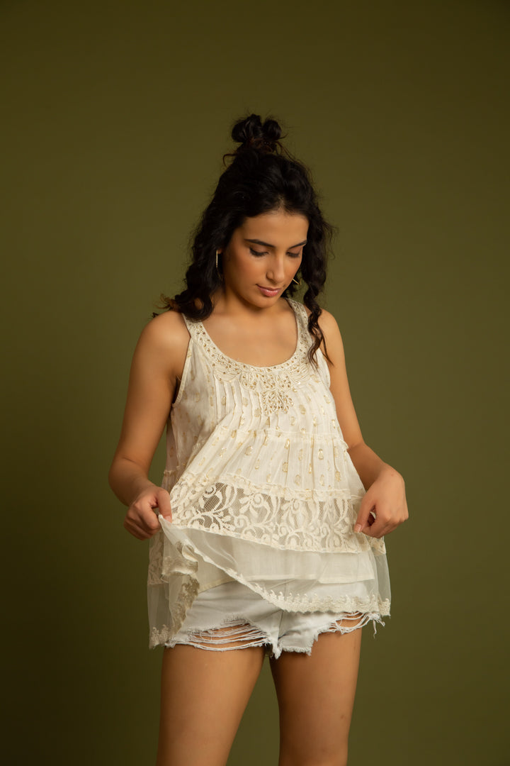 The Sicily Off White Net Embroidery Top by Label Reyya - view 5