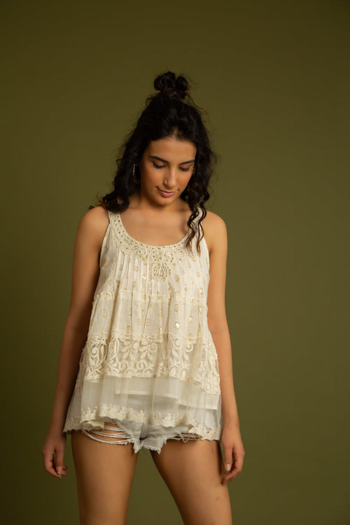 The Sicily Off White Net Embroidery Top by Label Reyya - view 1