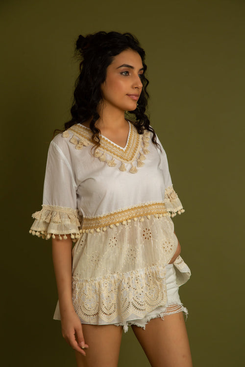 The Barcelona Beige Schiffli Top by Label Reyya - view 1