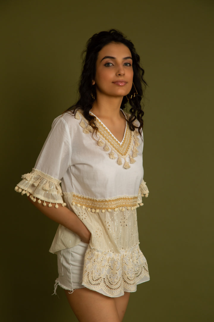 The Barcelona Beige Schiffli Top — White