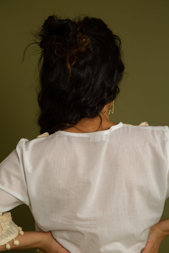 The Barcelona Beige Schiffli Top by Label Reyya - view 6