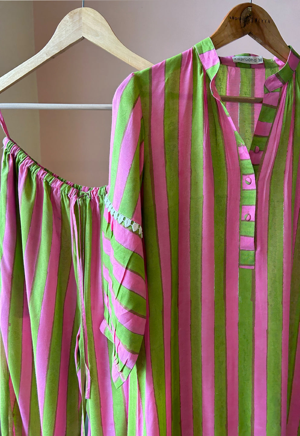 Light Green and Pink Striped Tunic Set (Set of Two) by Kapraaha - view 11