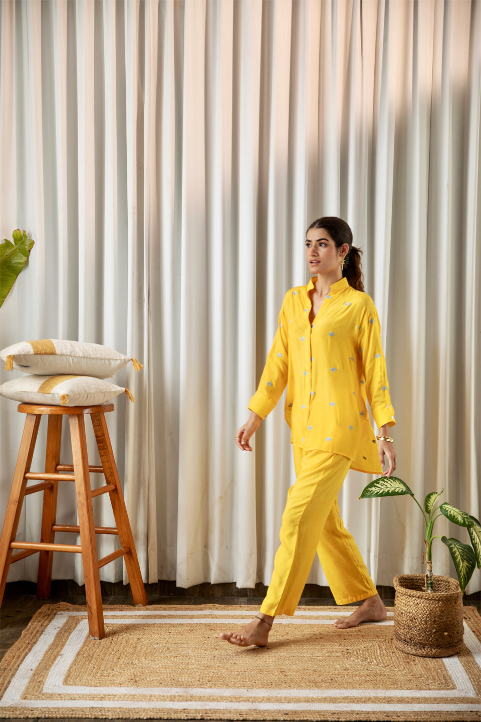 Yellow Embroidered Co-ord Set (Set of Two) by Kapraaha - view 10
