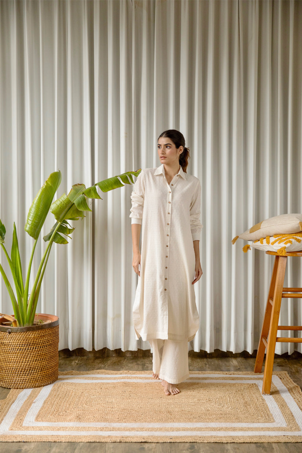 Off-White Cotton Weaved Co-ord Set (Set of Two) by Kapraaha - view 3