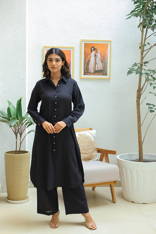 Black Cotton Weaved Co-ord Set (Set of Two) by Kapraaha - view 1