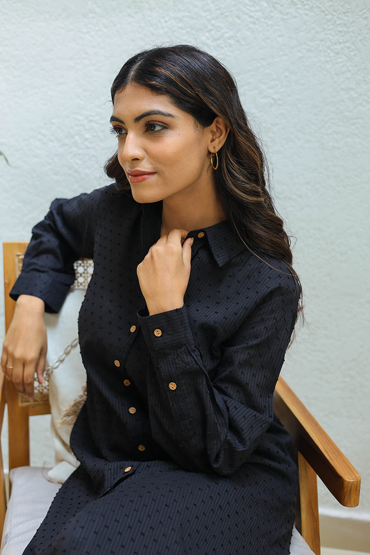 Black Cotton Weaved Co-ord Set (Set of Two) by Kapraaha - view 3