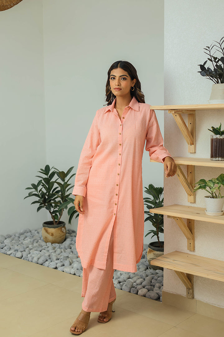 Light Pink Cotton Weaved Co-ord Set (Set of Two) by Kapraaha - view 6