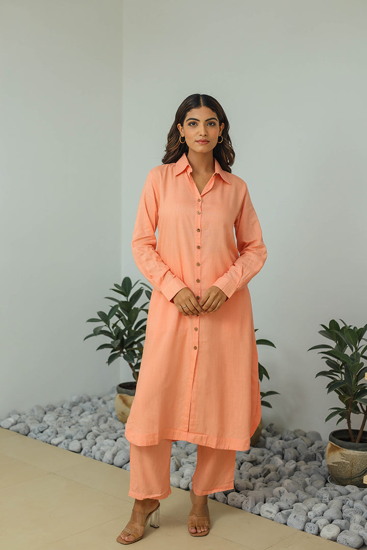 Peach Solid Cotton Co-ord Set (Set of 2)