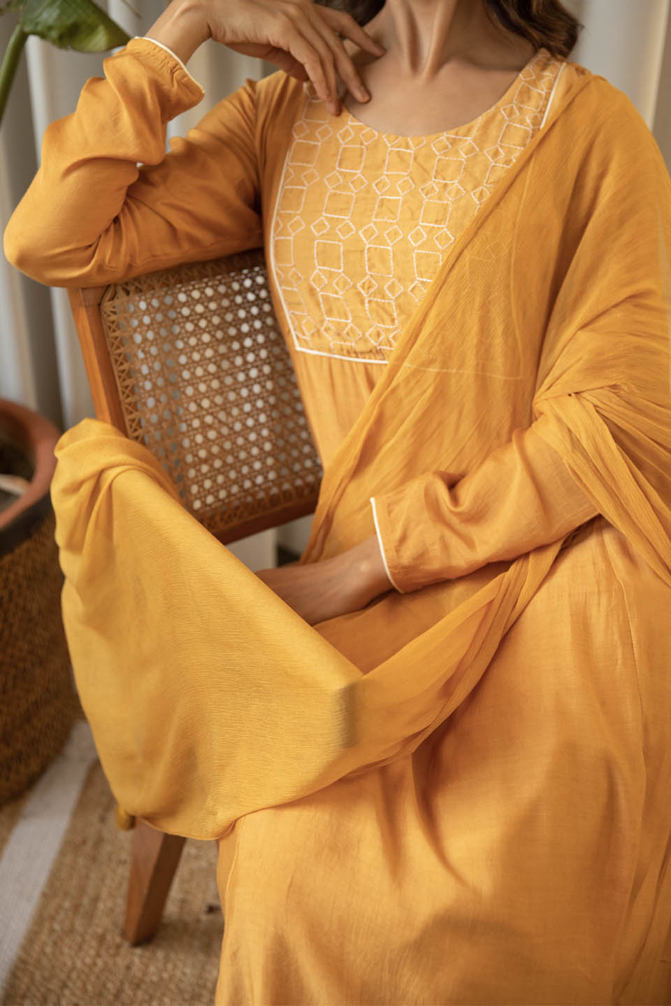 Mustard Muslin Suit (Set of Three) by Kapraaha - view 6
