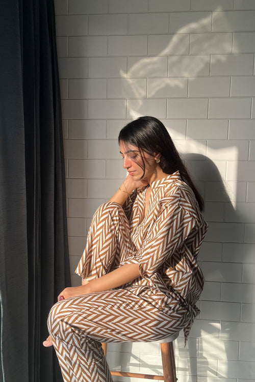 Brown Chevron Cotton Co-ord Set (Set of Two) by Kapraaha - view 1