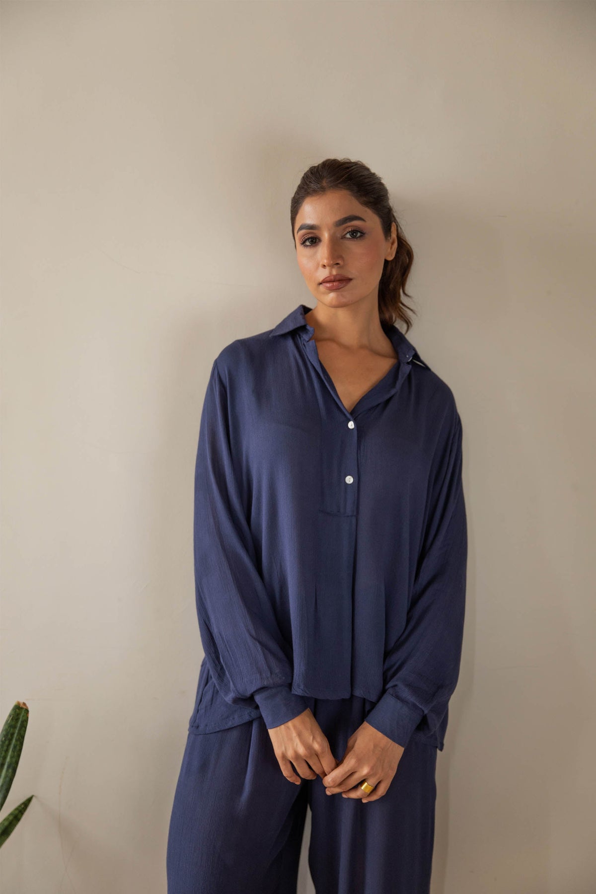 Navy Solid Co-ord Set (Set of Two) by Kapraaha - view 5