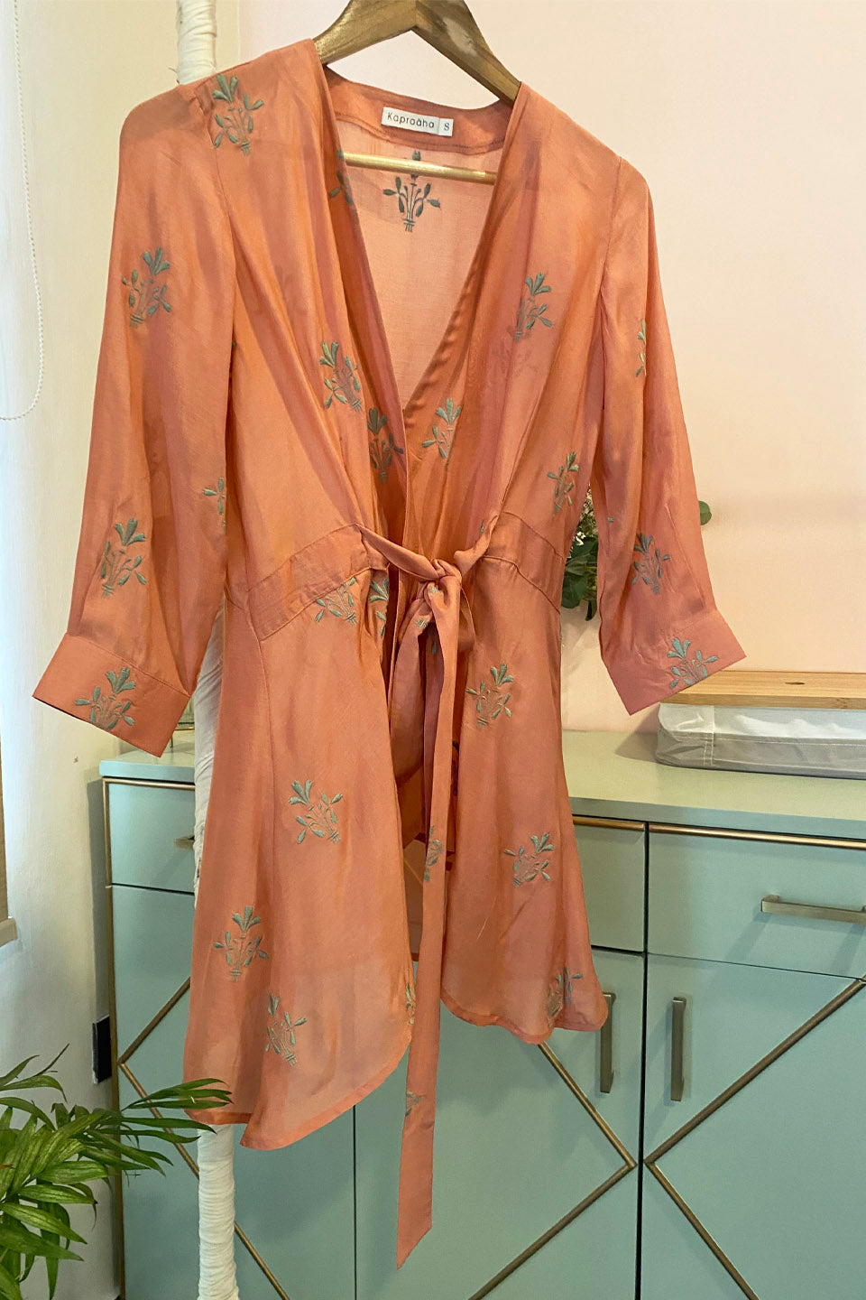Rust and Sage Moroccan Embroidered Wrap Top by Kapraaha - view 5