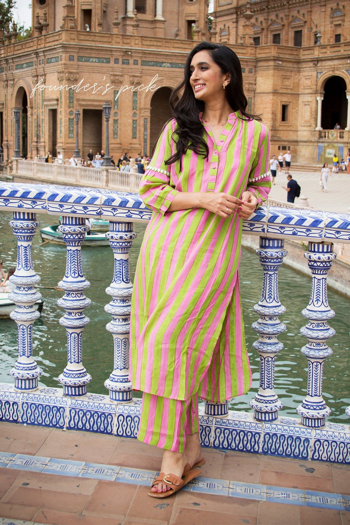 Light Green and Pink Striped Tunic Set (Set of Two) by Kapraaha - view 6