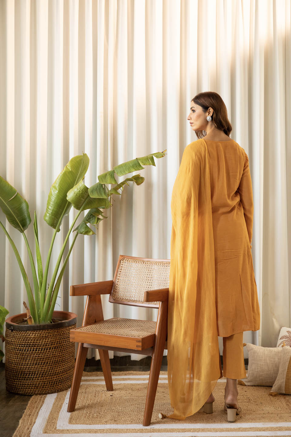 Mustard Muslin Suit (Set of Three) by Kapraaha - view 4