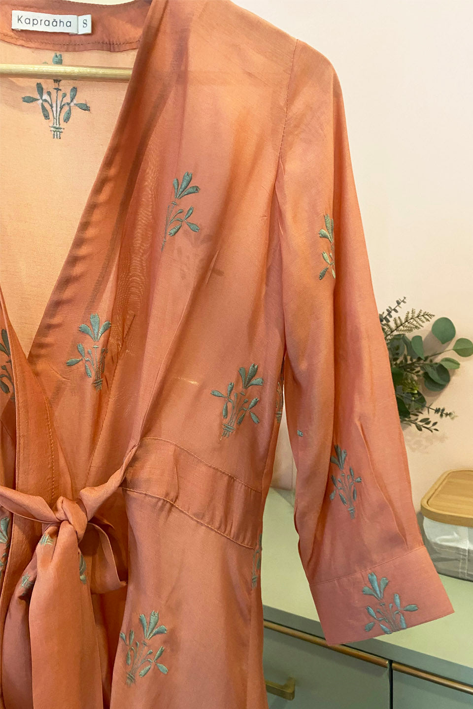 Rust and Sage Moroccan Embroidered Wrap Top by Kapraaha - view 6