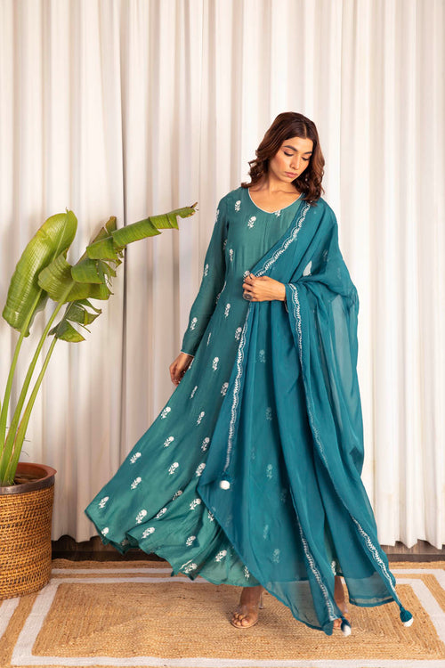 Sapphire Green Anarkali (Set of Two) by Kapraaha - view 1
