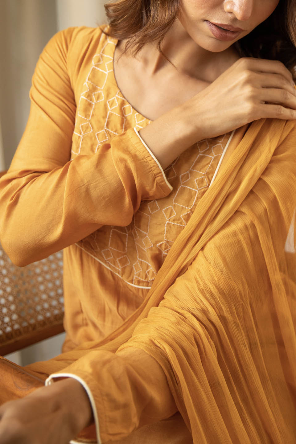 Mustard Muslin Suit (Set of Three) by Kapraaha - view 5