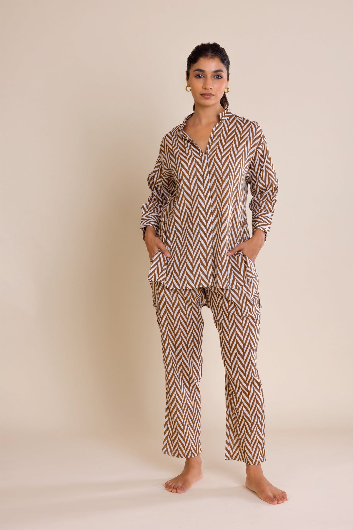Brown Chevron Cotton Co-ord Set (Set of Two) by Kapraaha - view 11