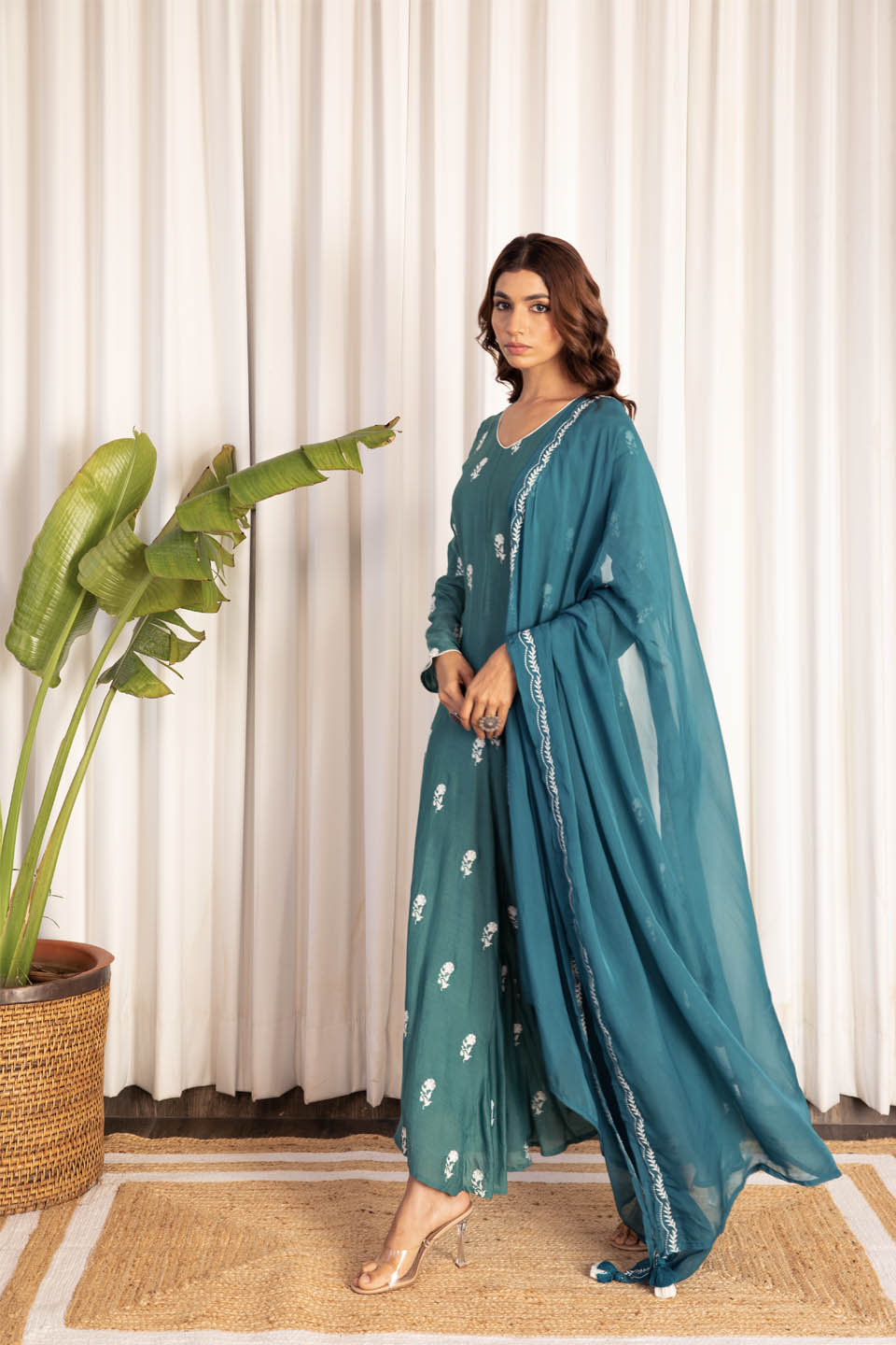 Sapphire Green Anarkali (Set of Two) by Kapraaha - view 3