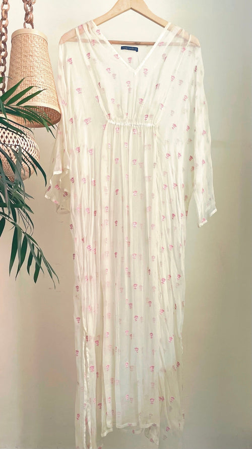 Lemon chiffon kaftan with pink embroidered motifs by Kapraaha - view 1
