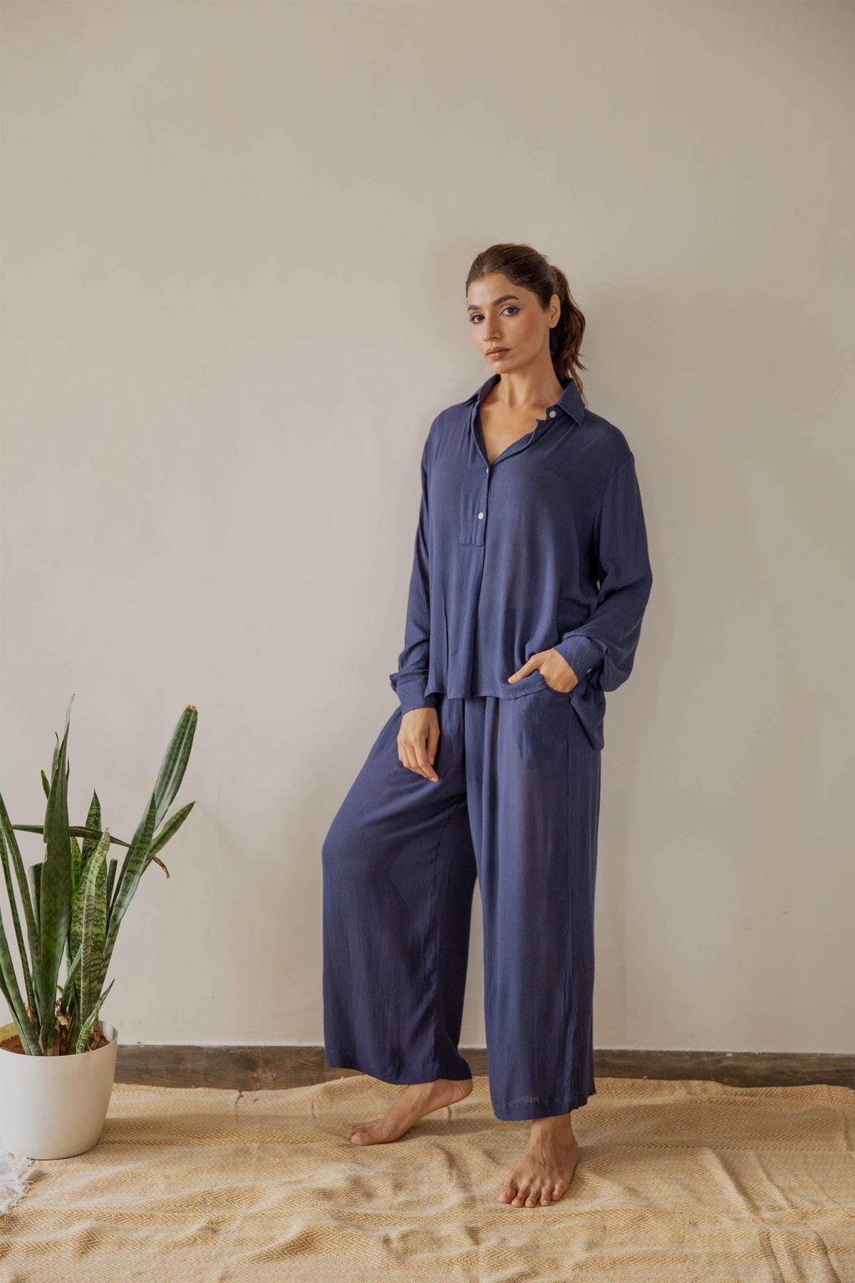 Navy Solid Co-ord Set (Set of Two) by Kapraaha - view 4