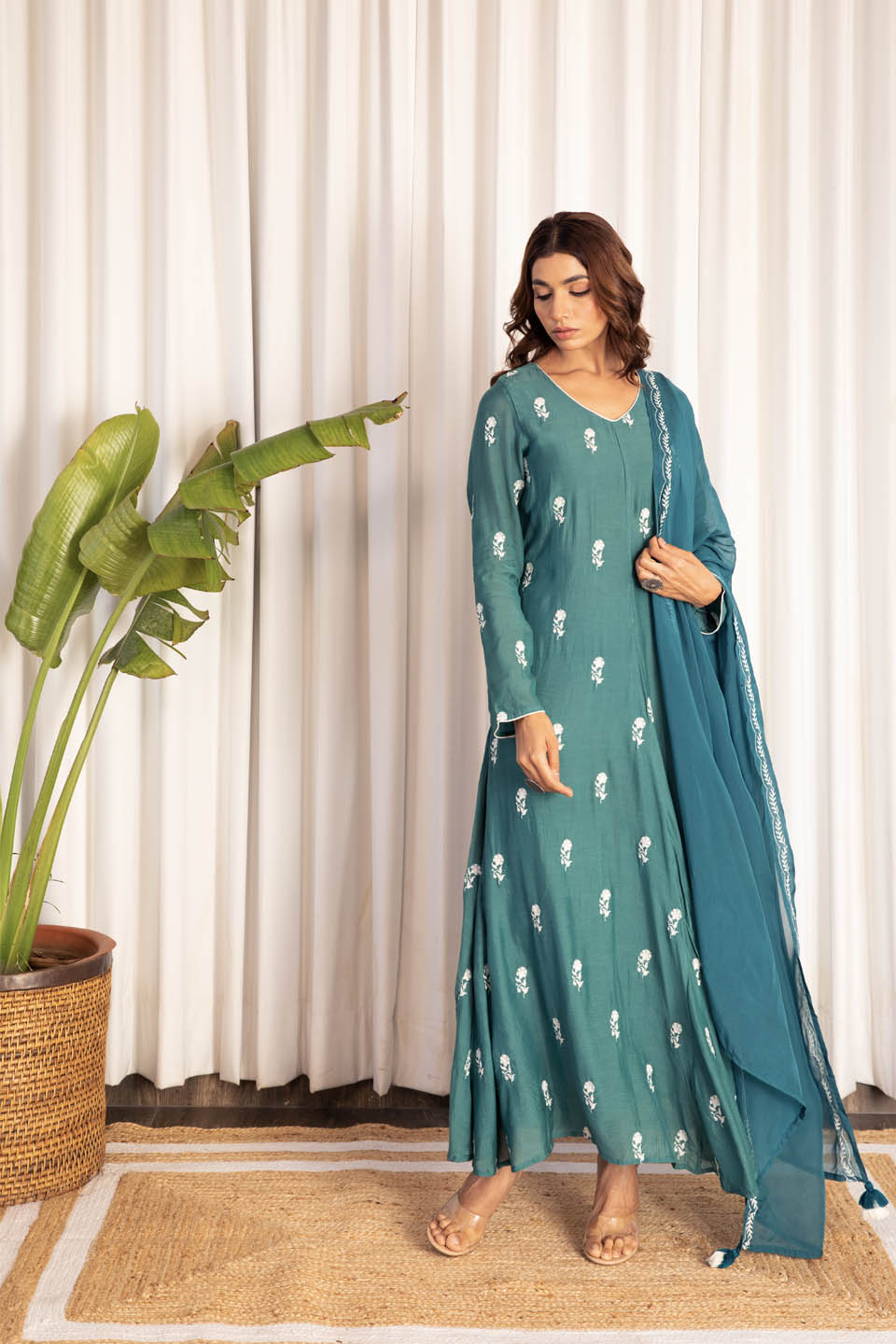 Sapphire Green Anarkali (Set of Two) by Kapraaha - view 5