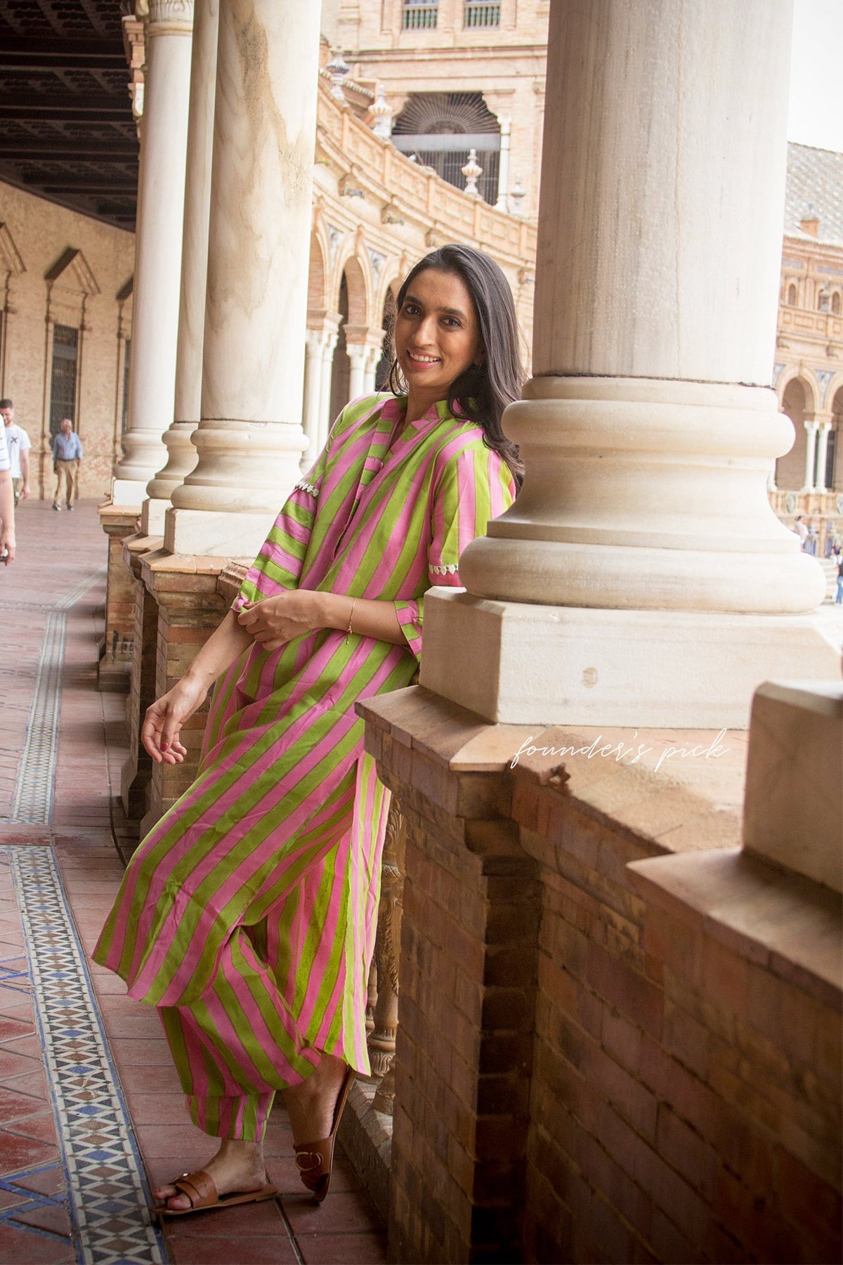 Light Green and Pink Striped Tunic Set (Set of Two) by Kapraaha - view 7