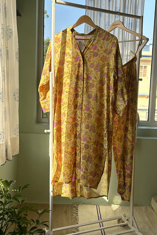 Yellow Floral Muslin Tunic Co-Ord Set (Set of Two) by Kapraaha - view 1