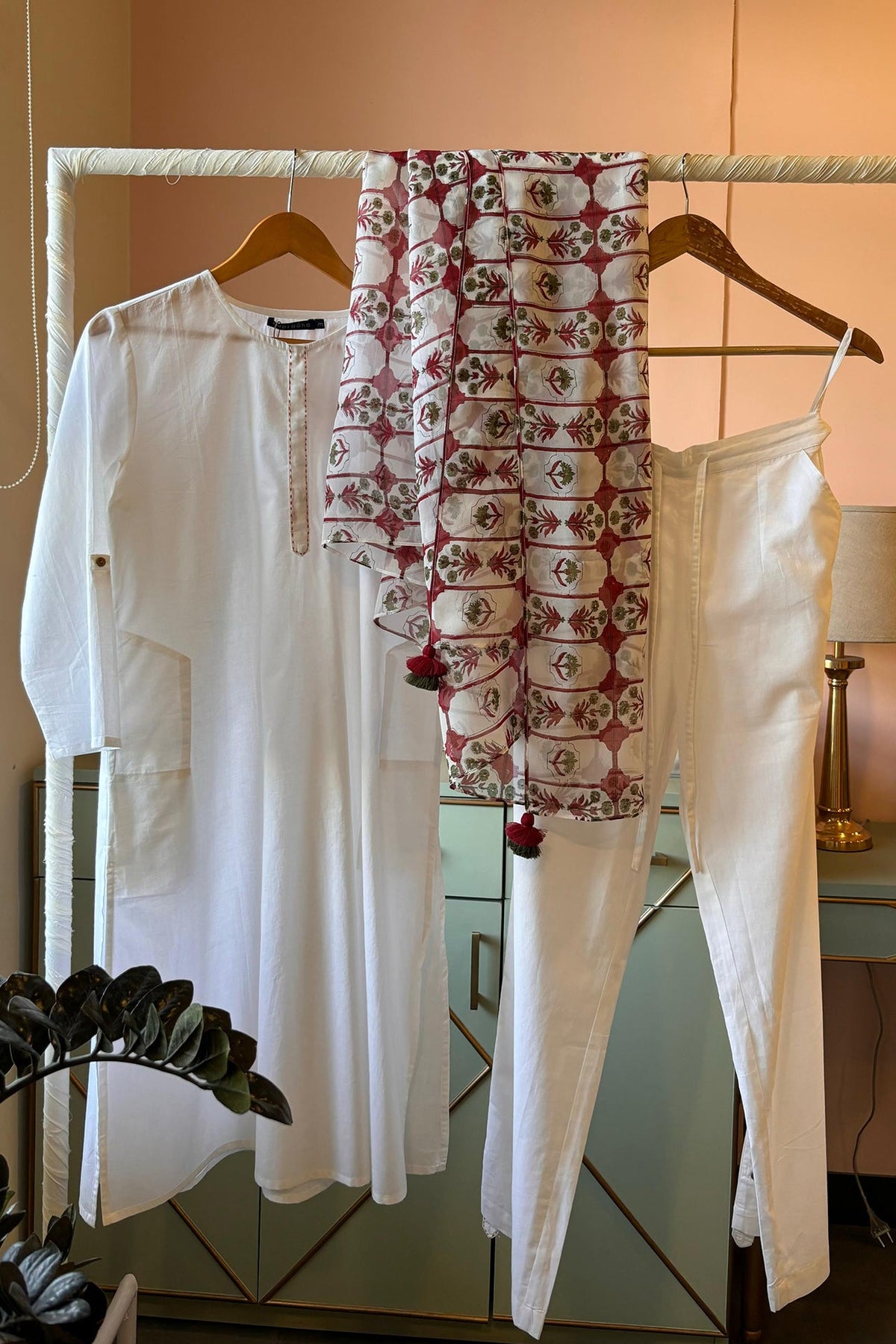 White Suit Set With Organza Printed Dupatta (Set Of Three) by Kapraaha - view 3