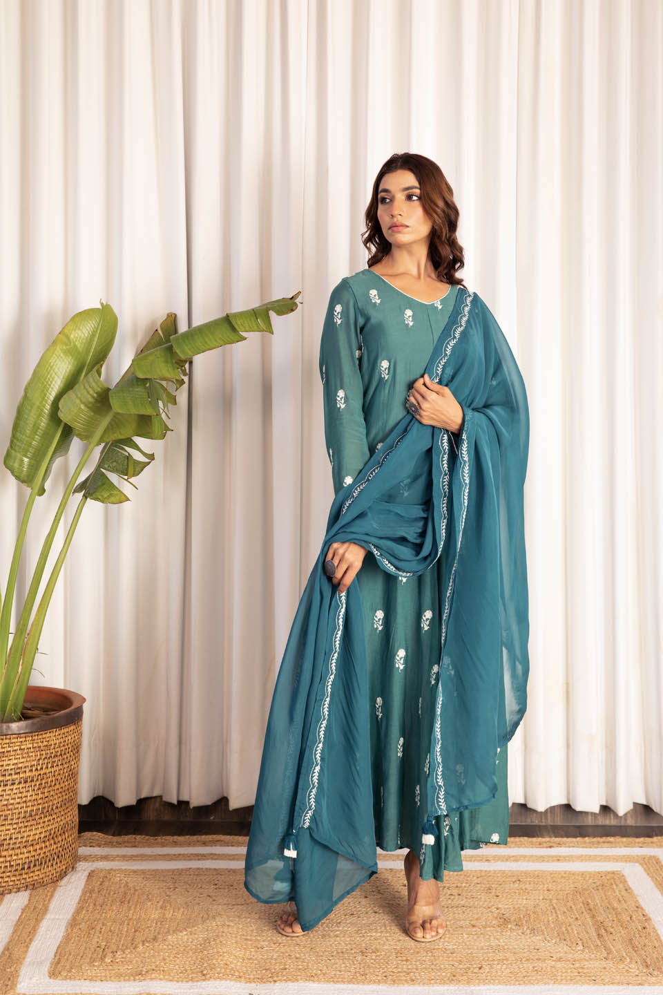 Sapphire Green Anarkali (Set of Two) by Kapraaha - view 4